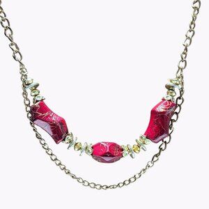 Art Deco Gold Tone Chunky Red Gemstone Multi Strand Necklace Fashion Jewelry